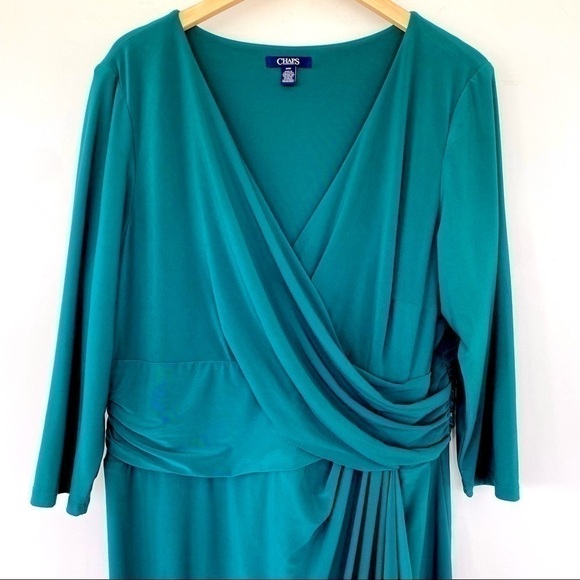 Chaps faux wrap midi dress, surplice top and ruched waist,  stretch, plus size - Picture 4 of 14